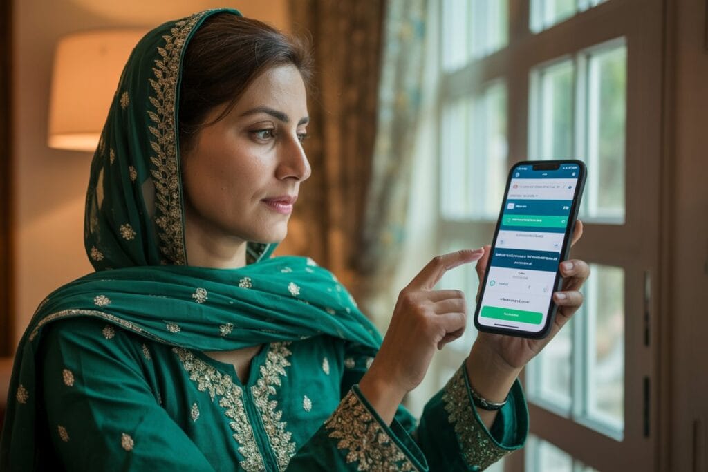 Pakistani woman checking BISP 8171 web portal on smartphone for financial assistance
