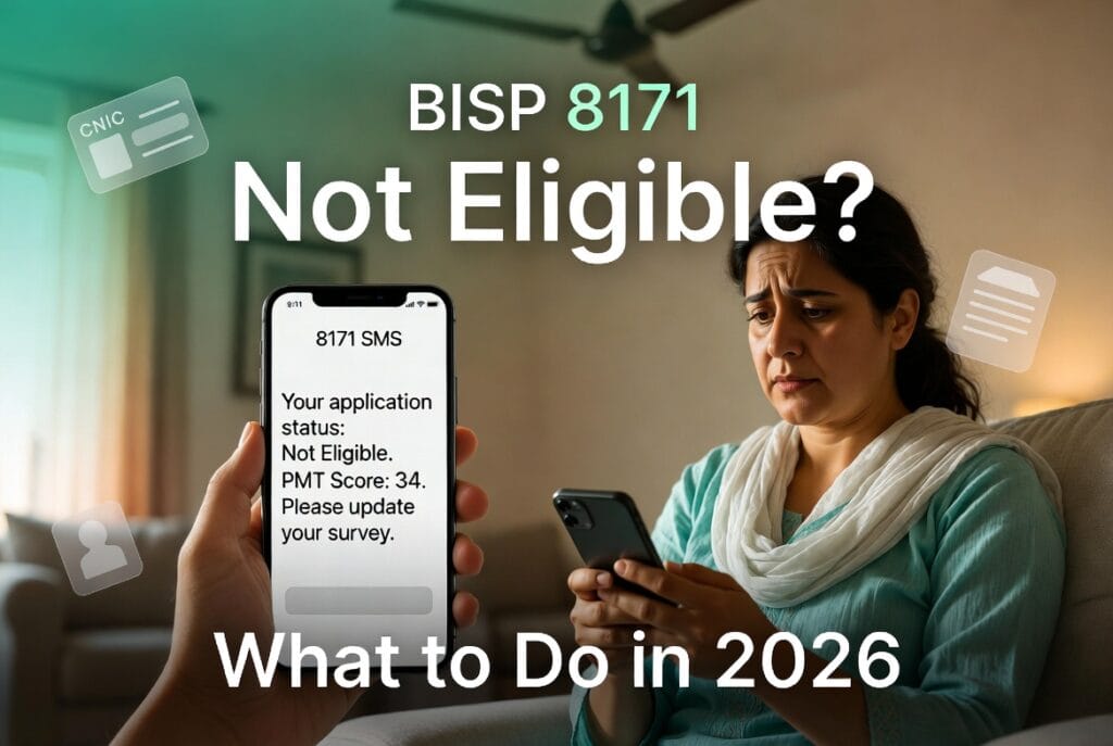 Pakistani woman checking BISP 8171 SMS on phone showing “Not Eligible” message with PMT score – what to do in 2026