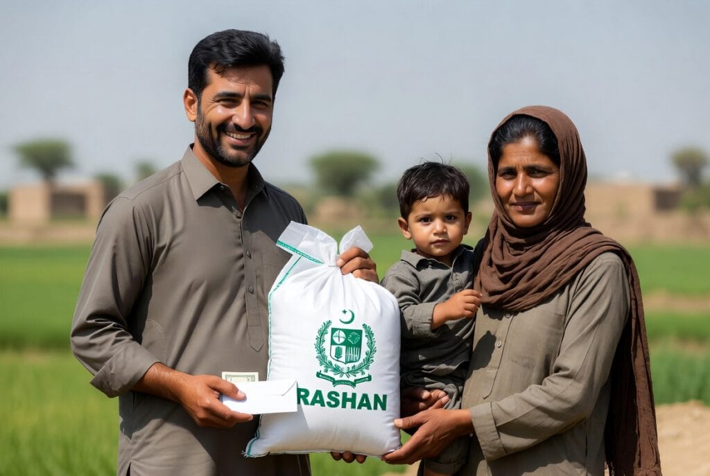 Happy Pakistani family in Punjab receiving free Ramzan ration bag and cash under Nigehban Ramzan Package 2026
