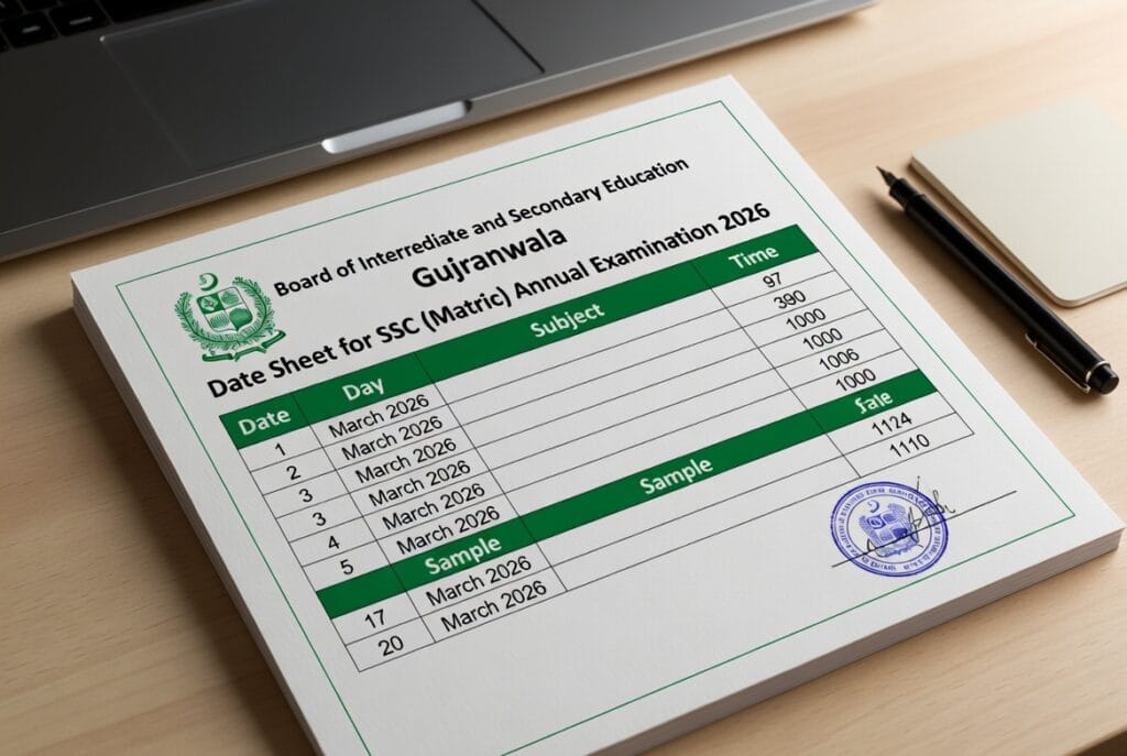 Official BISE Gujranwala Matric Date Sheet 2026 PDF showing complete SSC 9th and 10th class exam timetable starting 27 March