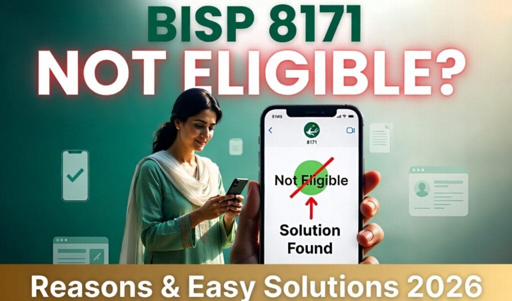 BISP 8171 Not Eligible message crossed out with green checkmark on smartphone – Pakistani woman finds easy solutions for Benazir Kafalat 2026