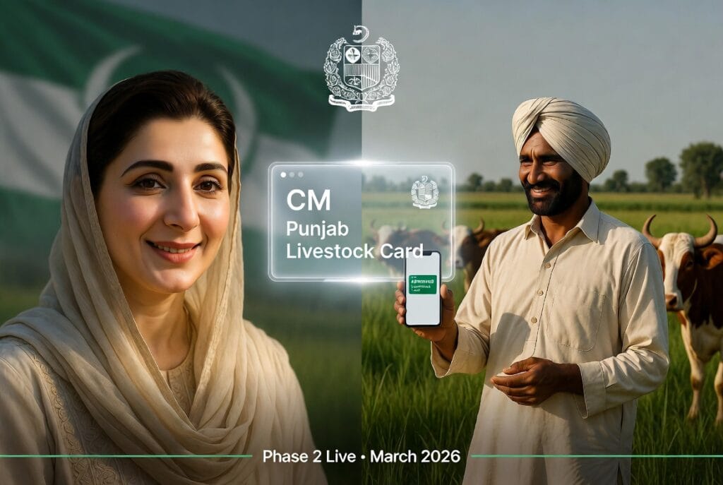 CM Punjab Livestock Card Scheme 2026 Maryam Nawaz Sharif with farmer holding digital Livestock Card in Punjab field Phase 2 live