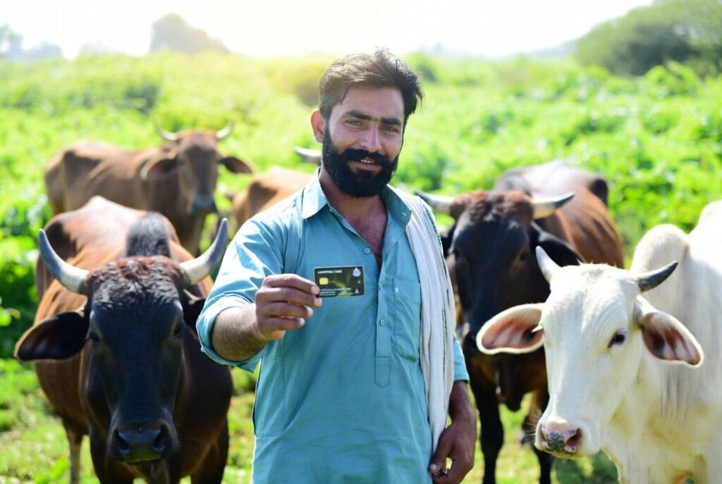 Punjabi farmer using CM Punjab Livestock Card 2026 to buy feed for cattle in green field