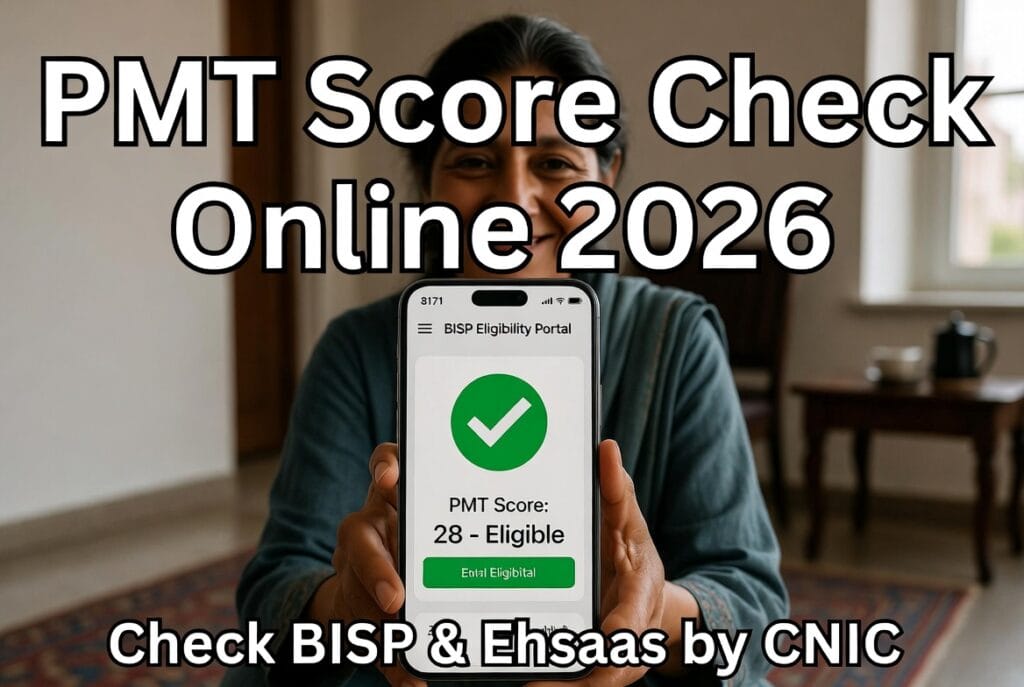 PMT Score Check Online 2026 – Check BISP & Ehsaas eligibility by CNIC on mobile showing score 28 eligible